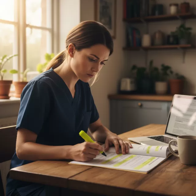 Nurse reviewing hospital employment contract with highlighter at home table