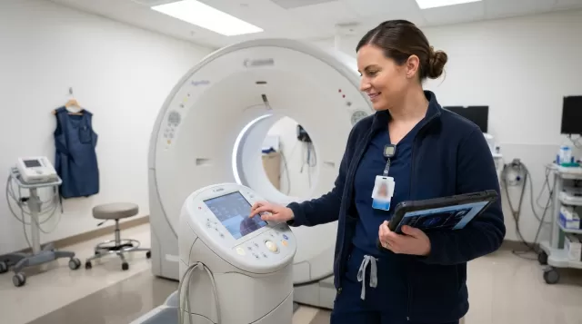 Radiology technologist working at CT scanner in hospital imaging suite