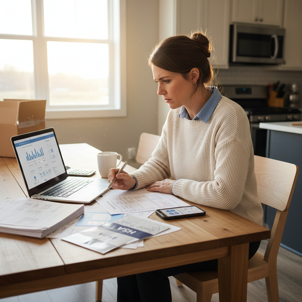Healthcare worker reviewing HSA and FSA benefits documents at home with laptop and tax forms