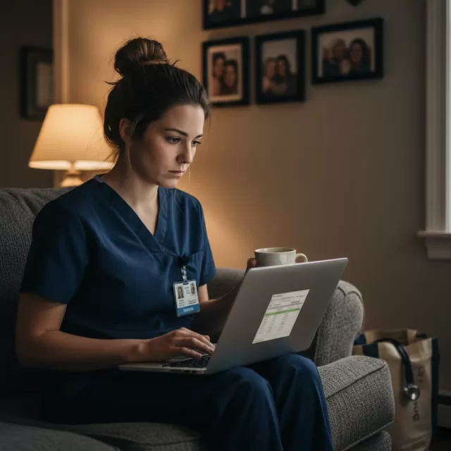 Nurse in scrubs sitting on couch with laptop, charting after an intense hospital shift at home