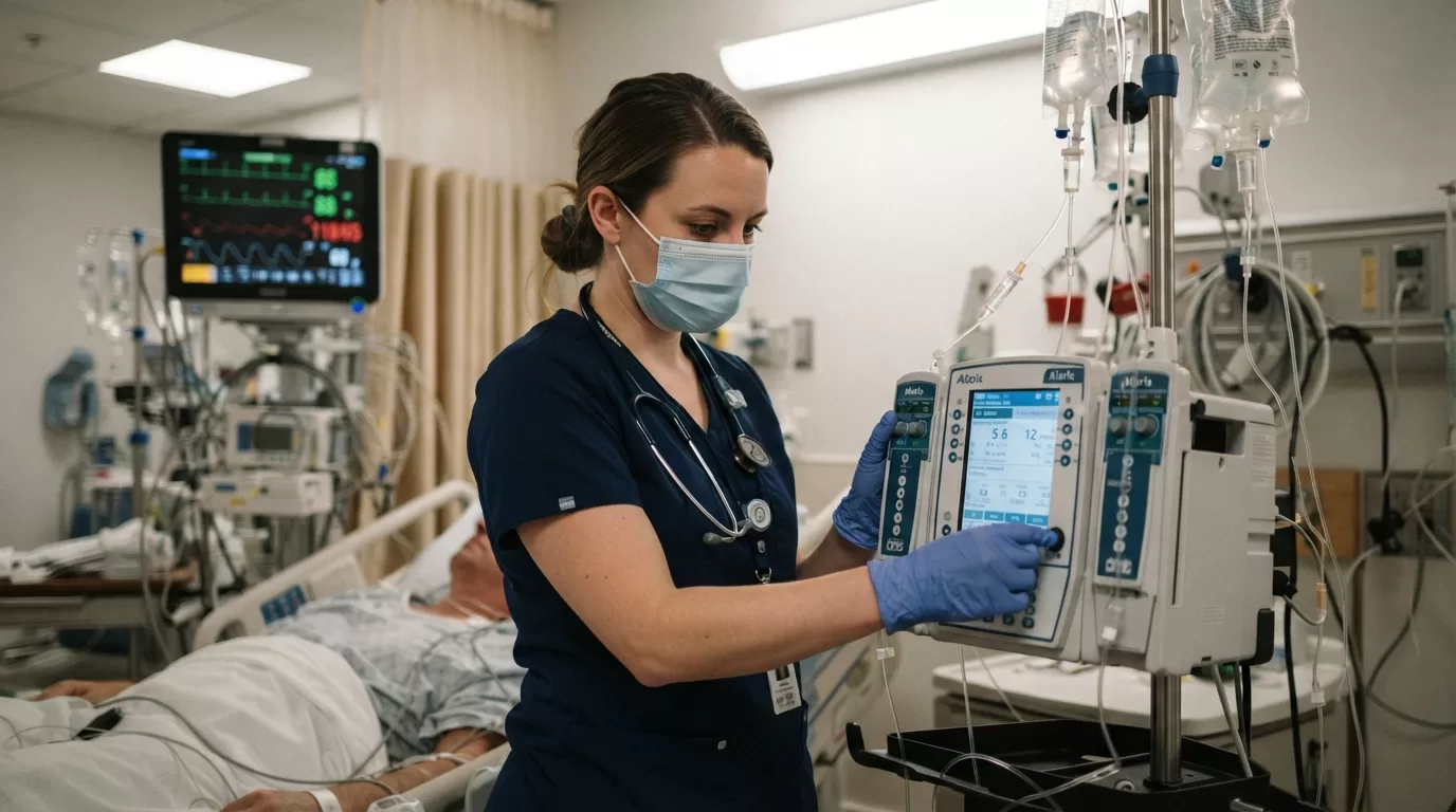 ICU nurse adjusting vasopressor infusion pump at patient bedside with hemodynamic monitor in background