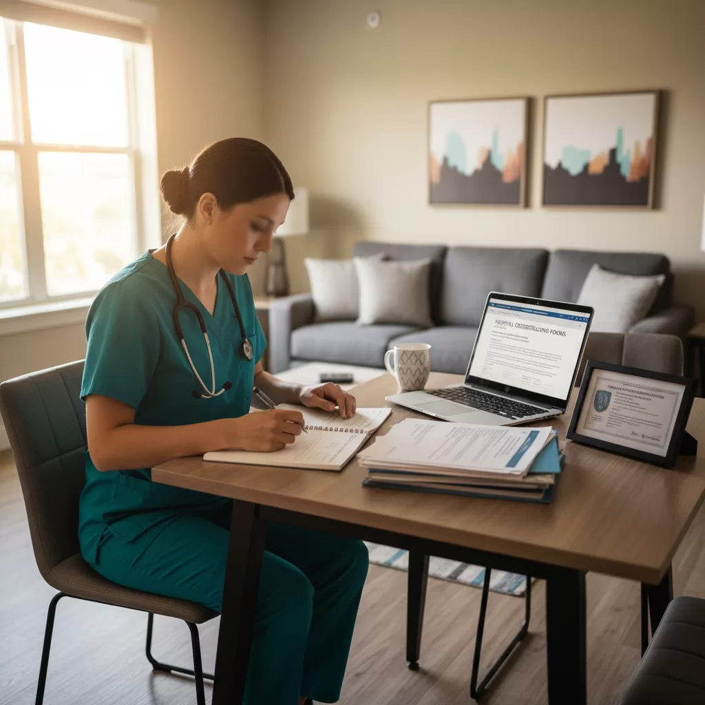 ICU nurse reviewing travel assignment paperwork and credentials at home