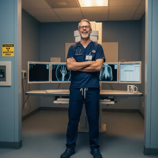 Radiology tech dad smiling in X-ray control room with imaging equipment