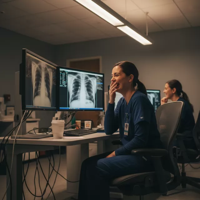 Radiology technologist laughing at computer console in hospital imaging department