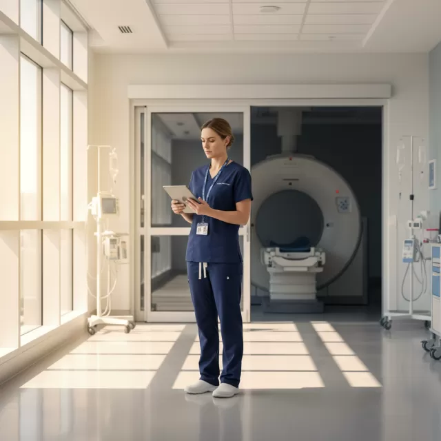 Radiology tech in scrubs reviewing schedule on tablet in hospital imaging department hallway