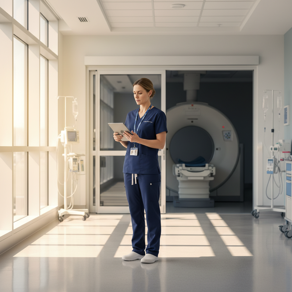 Radiology tech in scrubs reviewing schedule on tablet in hospital imaging department hallway