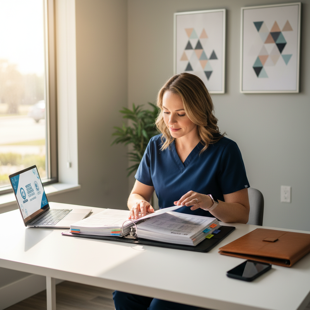 Radiology technologist reviewing organized professional portfolio at desk with certifications and documents