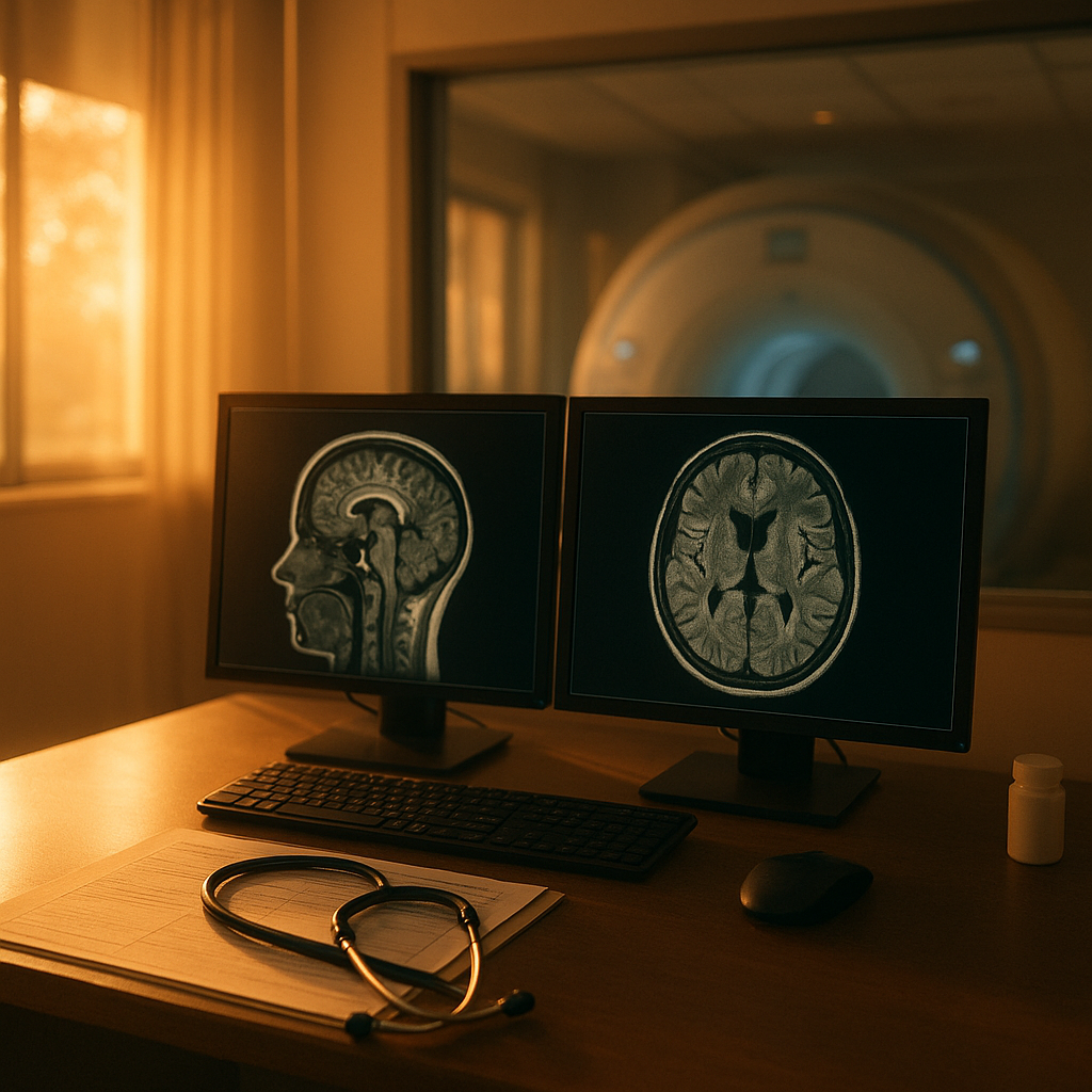 Sunlit MRI control room with monitors and imaging equipment in a modern hospital suite