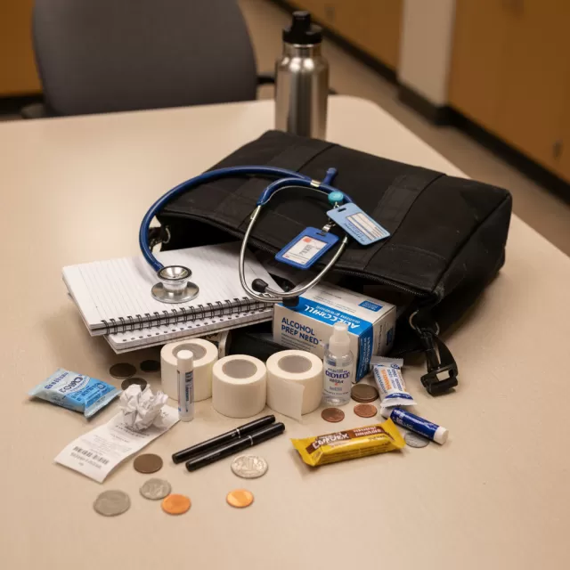 Open nurse bag with medical supplies, pens, snacks, and personal items spread on break room table