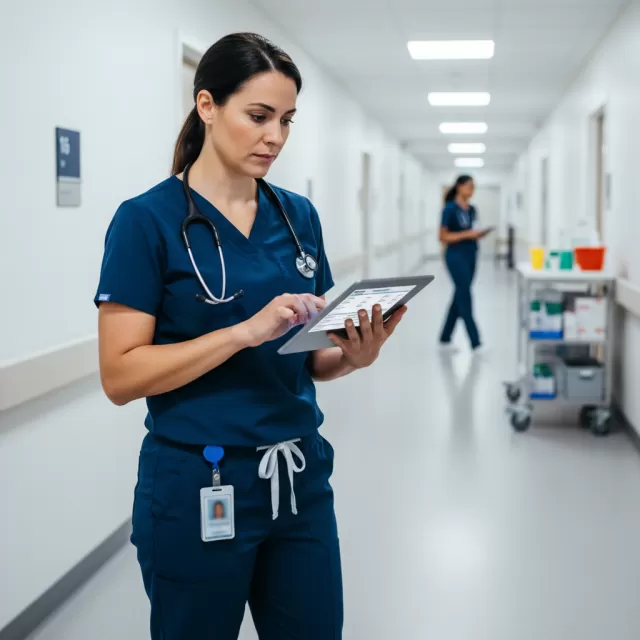 Travel nurse reviewing assignment options on tablet in hospital hallway