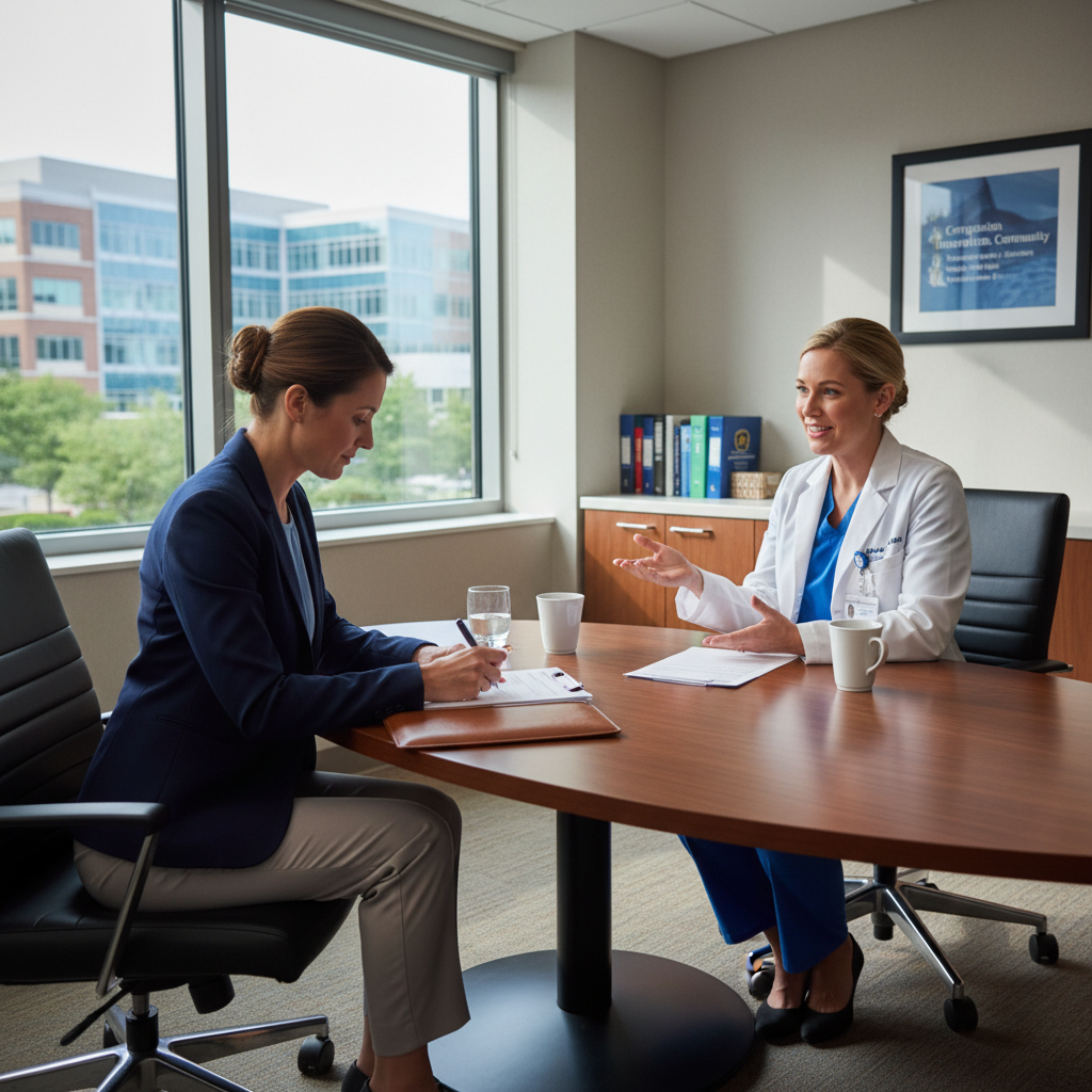 Nurse candidate interviewing with nurse manager in hospital conference room