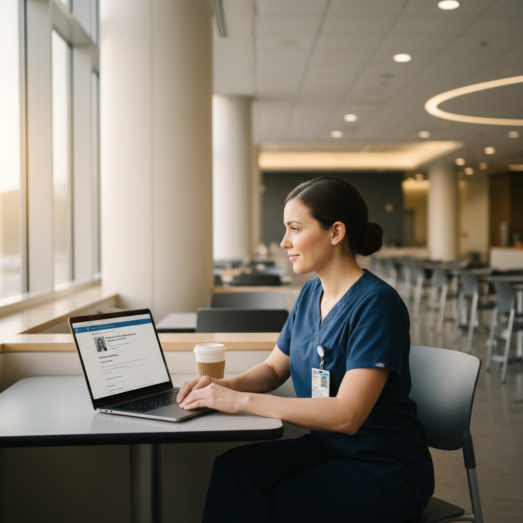 Nurse working on laptop in quiet hospital cafeteria, engaged in professional networking