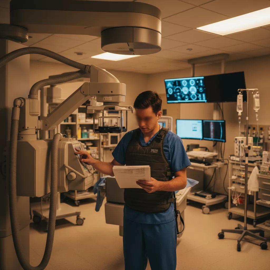 Interventional radiology technologist reviewing call schedule beside C-arm fluoroscopy equipment