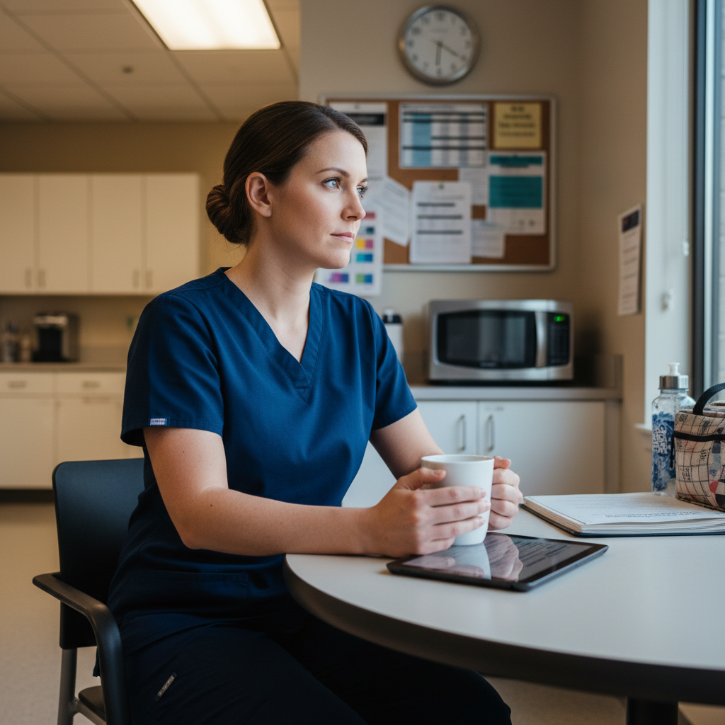 Nurse in scrubs reflecting on career growth during break in hospital staff room