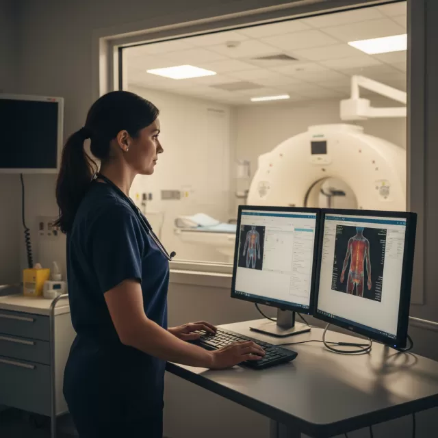 CT technologist at scanner console reviewing patient positioning in hospital radiology suite