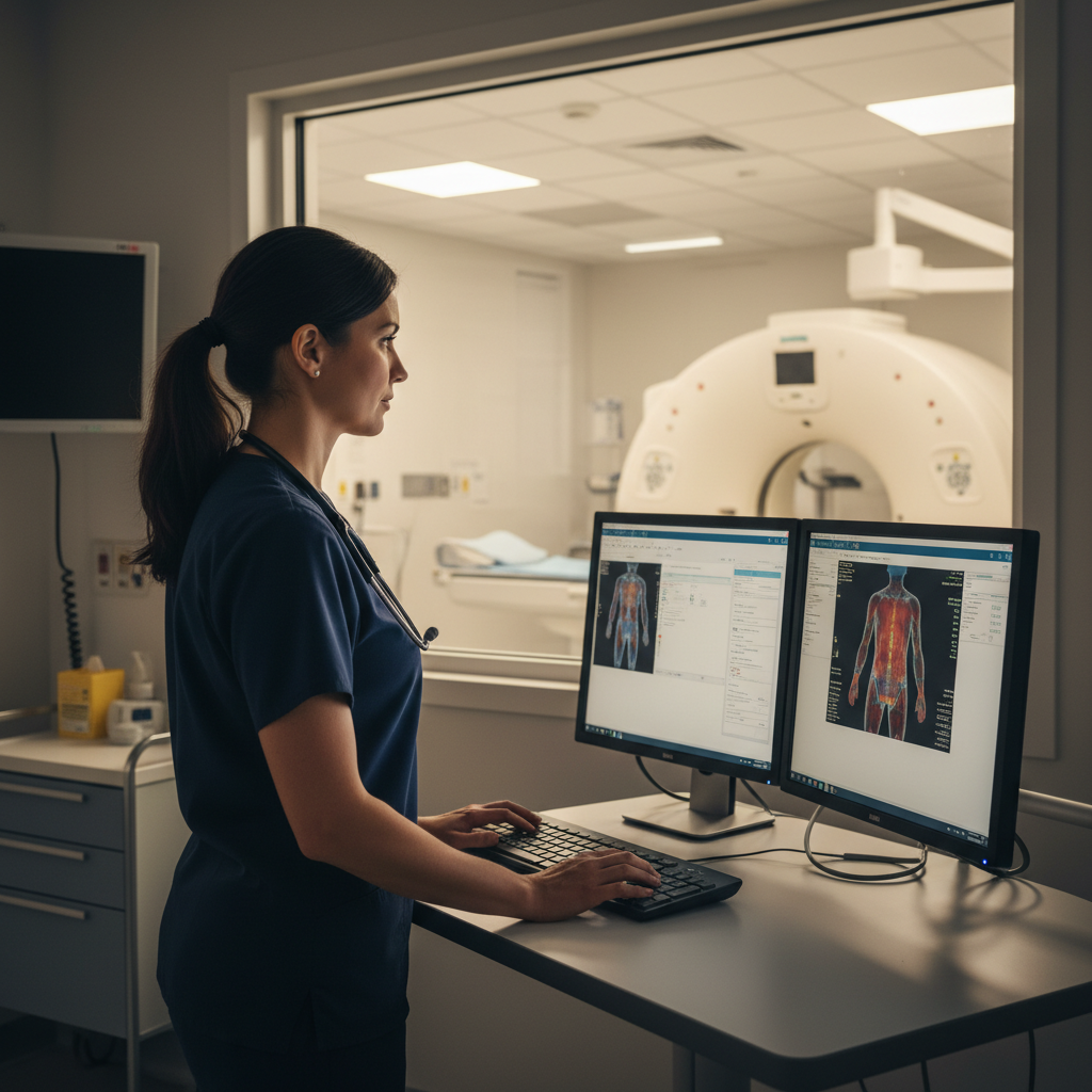 CT technologist at scanner console reviewing patient positioning in hospital radiology suite