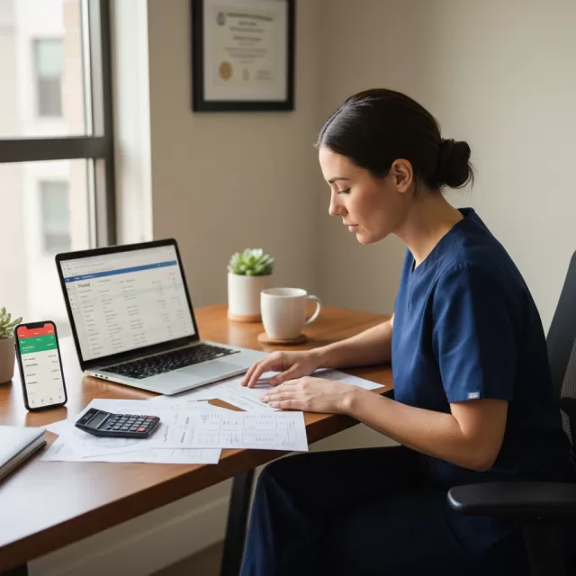 Registered nurse reviewing payroll documents and laptop showing compensation details at home office desk
