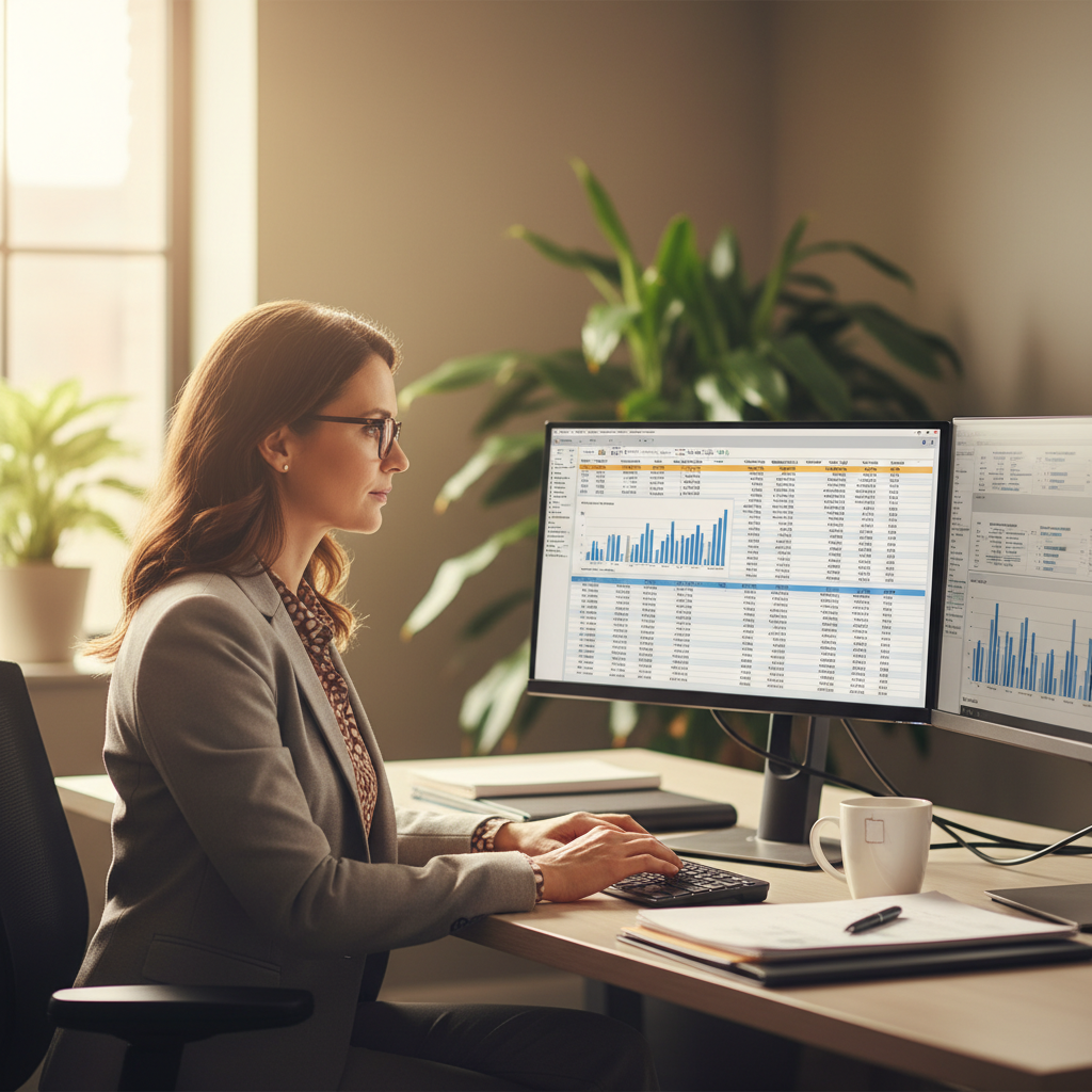 Healthcare recruiter analyzing employment data on computer monitors in modern office setting