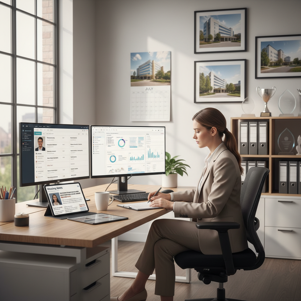 Healthcare staffing professional reviewing July 2026 industry reports at office desk