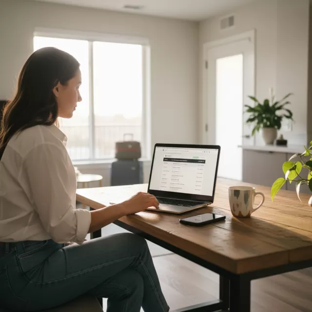 Travel nurse researching July 2026 assignments on laptop in furnished apartment with morning sunlight