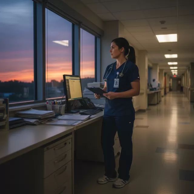 Nurse in scrubs at hospital window during evening shift reflecting at end of August