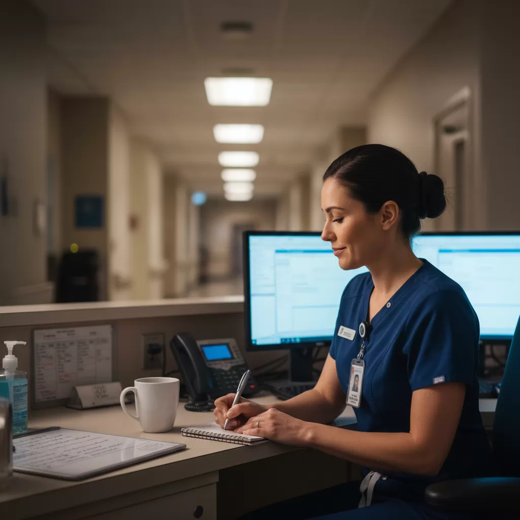 Charge nurse writing reflectively at nurses station during evening shift
