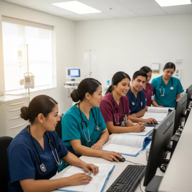Latino nursing team collaborating at hospital station during shift
