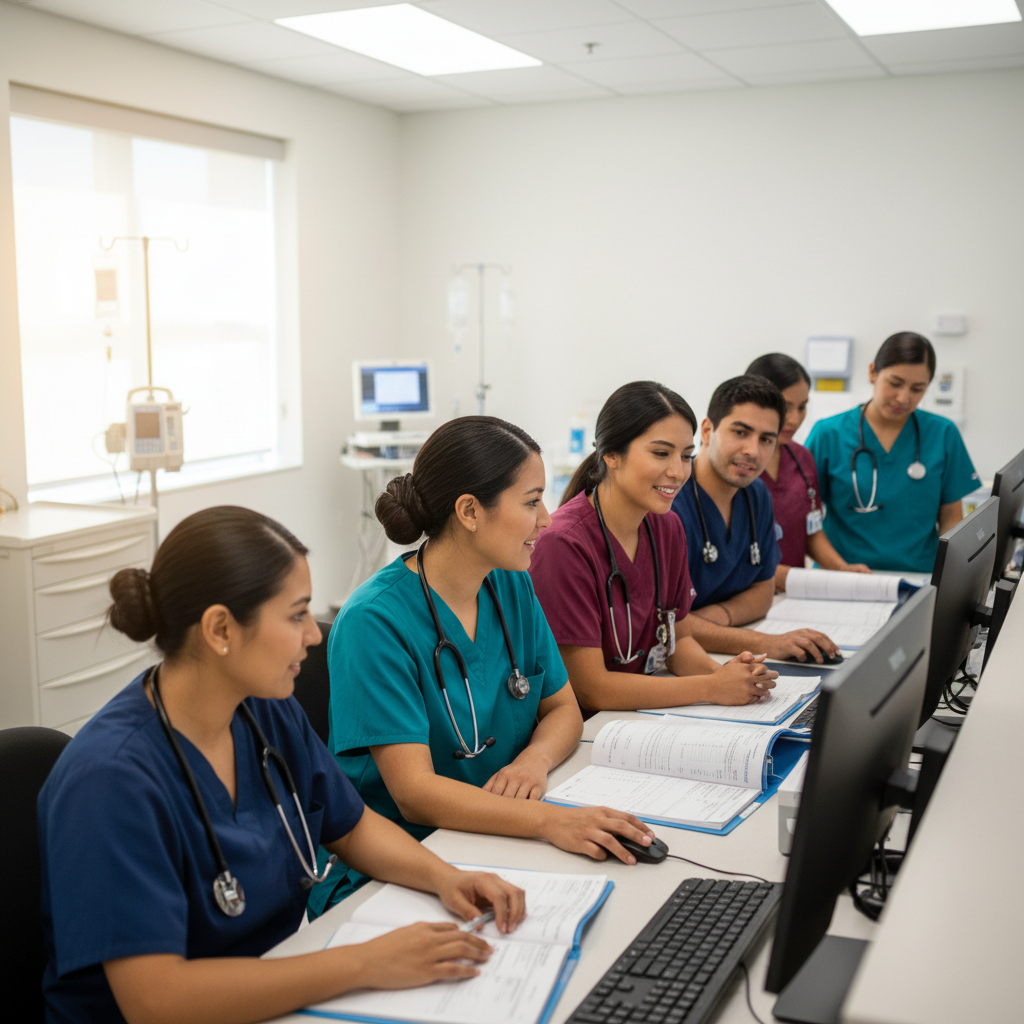 Latino nursing team collaborating at hospital station during shift