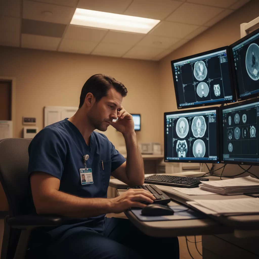 Lead radiology tech sitting at CT control console in hospital imaging department, looking reflective