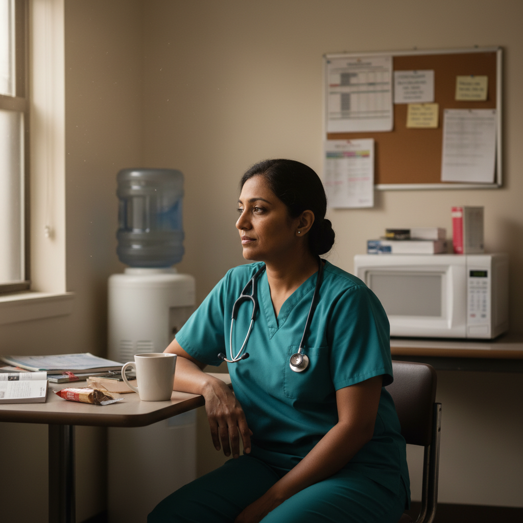 Nurse reflecting quietly during break, sitting in hospital break room with thoughtful expression