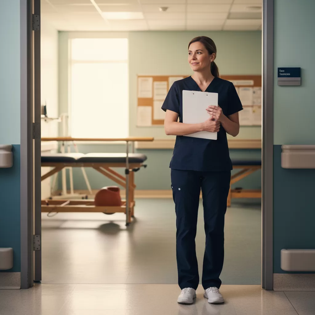 Occupational therapist in scrubs standing thoughtfully in hospital hallway near therapy gym