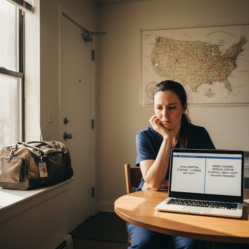 Travel nurse reviewing contract offers on laptop in apartment, deciding between local and distant assignments