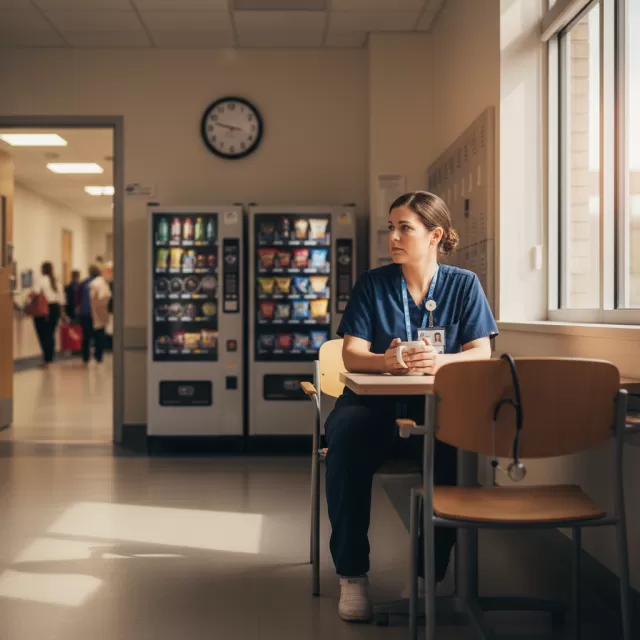 Nurse taking thoughtful break in hospital staff room, contemplating workplace decisions