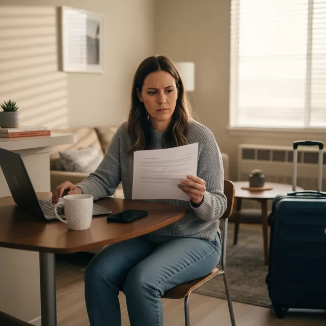 Travel nurse reviewing contract extension offer at kitchen table in furnished apartment