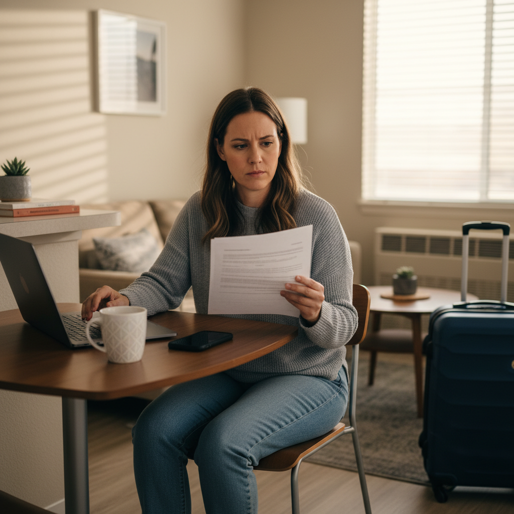 Travel nurse reviewing contract extension offer at kitchen table in furnished apartment