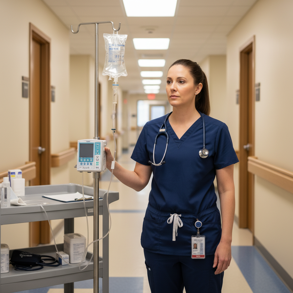 LPN in scrubs managing IV equipment in skilled nursing facility hallway