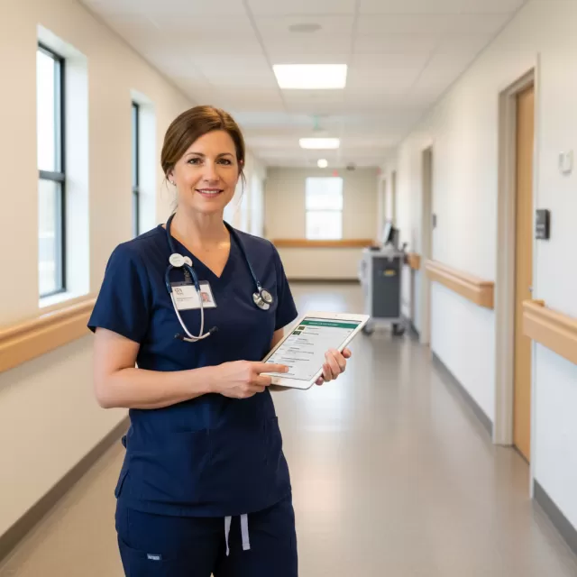 LPN reviewing job opportunities in skilled nursing facility hallway with tablet
