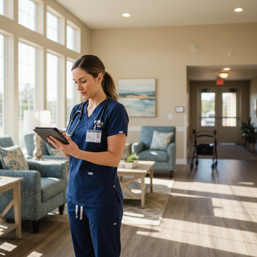 LPN reviewing patient charts in assisted living facility common area with residential-style furniture