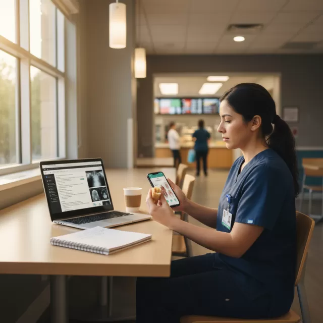 Radiology tech completing online CE course on smartphone during lunch break in hospital break room