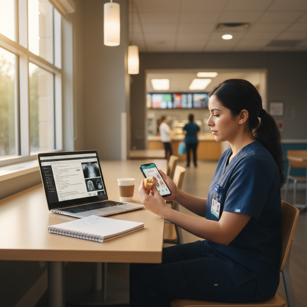 Radiology tech completing online CE course on smartphone during lunch break in hospital break room