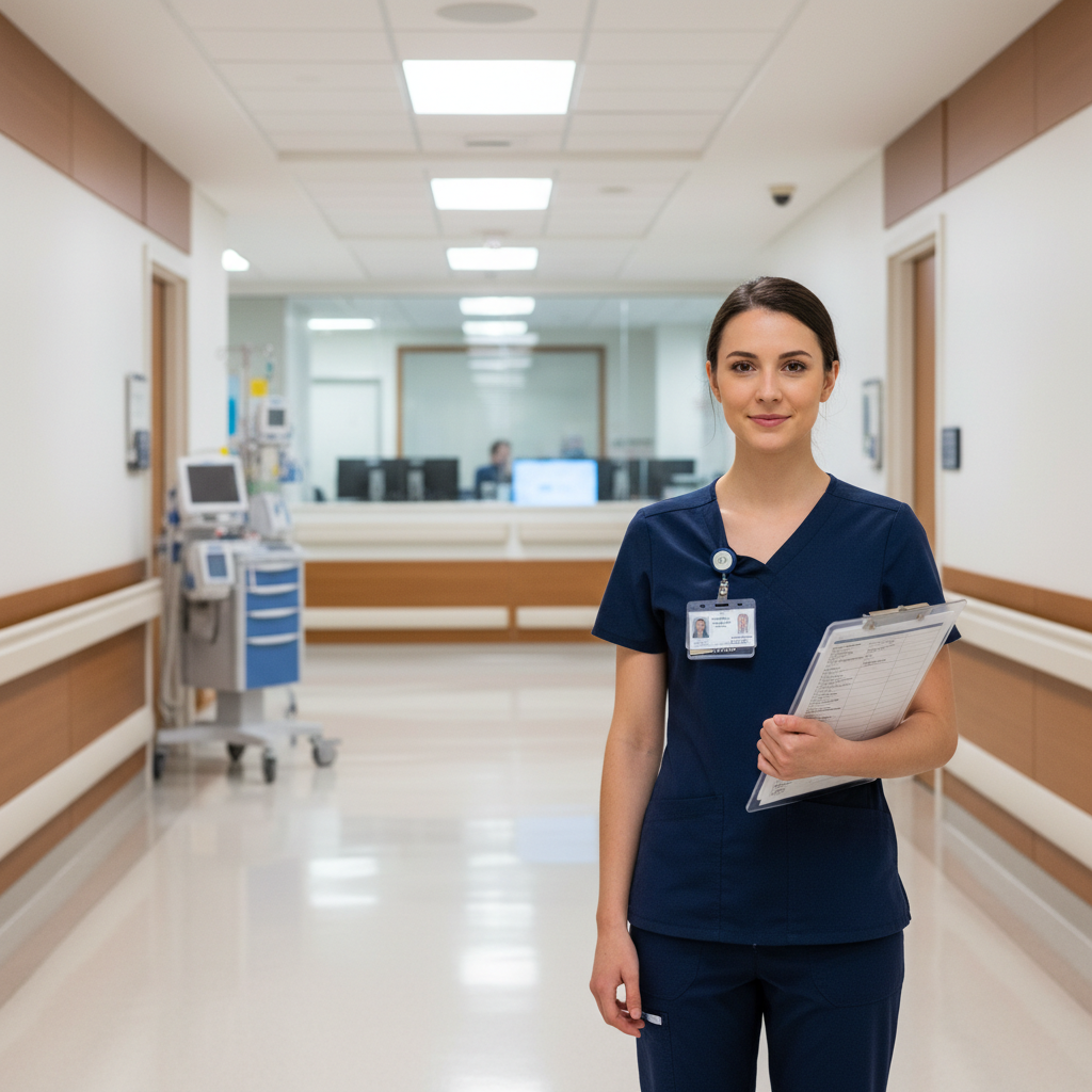 Travel nurse reviewing assignment in modern Magnet hospital hallway with professional badge visible