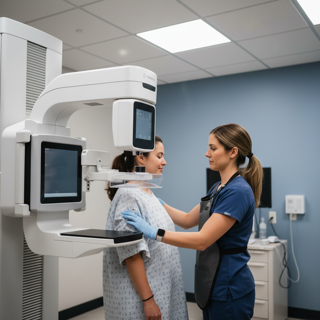 Mammography technologist carefully positioning patient at breast imaging unit in clinical setting