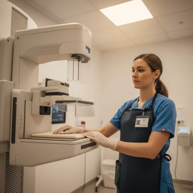 Mammography technologist demonstrating proper positioning technique at digital mammography machine