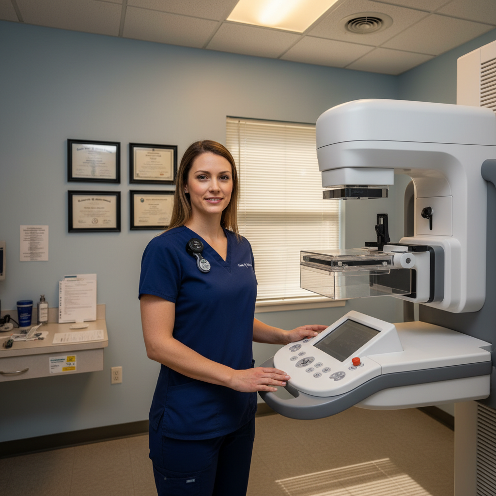 Mammography technologist at digital mammography console in clinical imaging suite