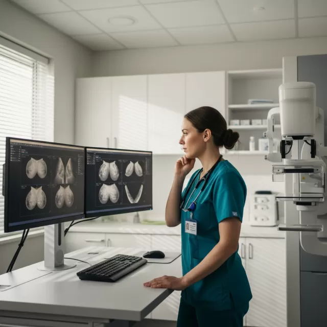 Mammography technologist at imaging console reviewing scans in quiet contemplation
