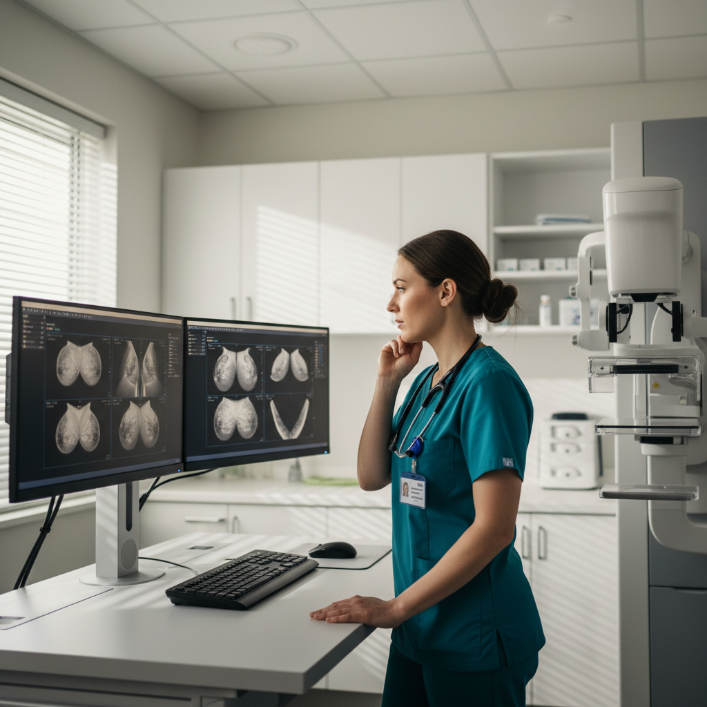 Mammography technologist at imaging console reviewing scans in quiet contemplation