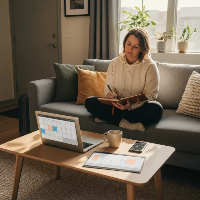 Travel nurse reflecting with journal in furnished apartment