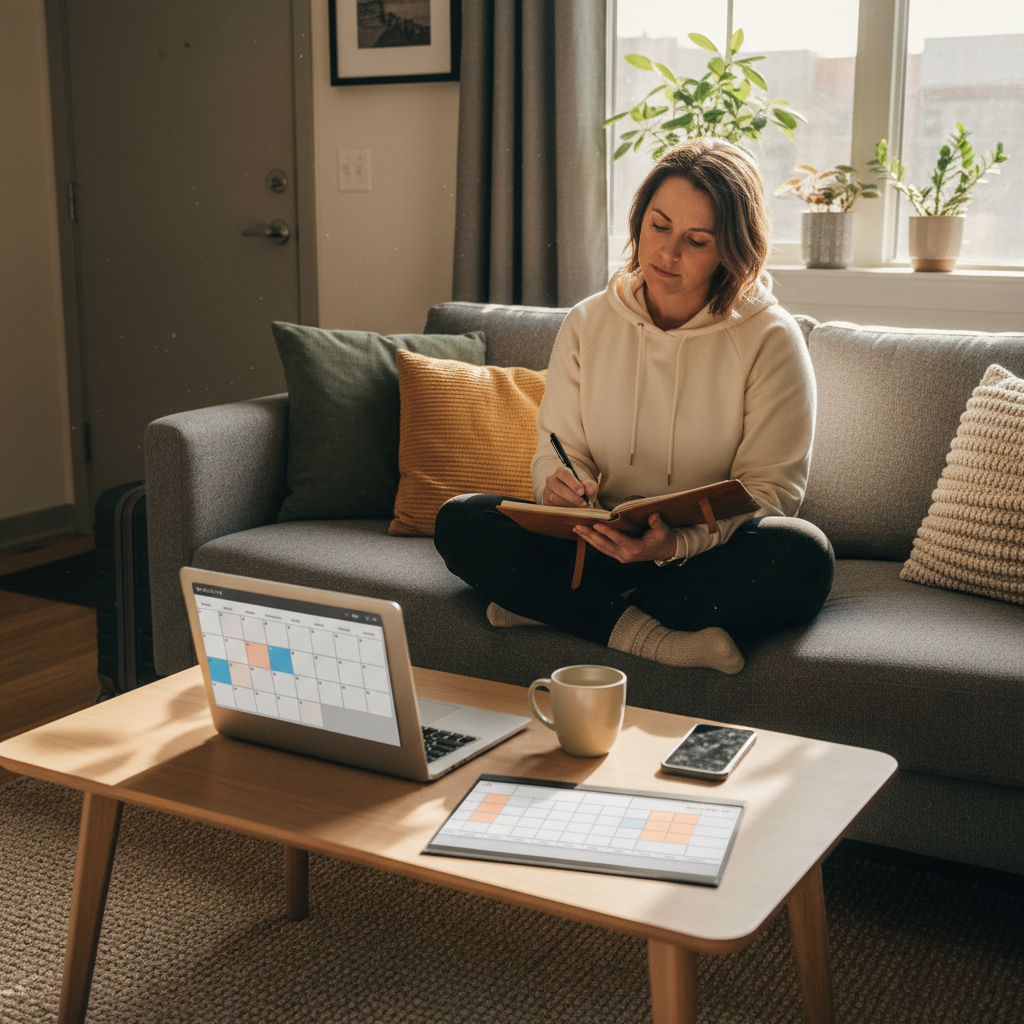 Travel nurse reflecting with journal in furnished apartment