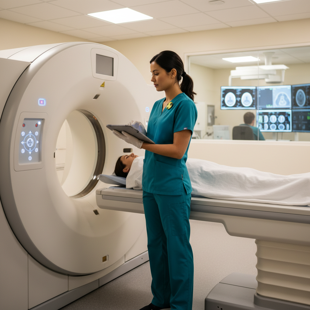 CT technologist positioning patient on scanner table in modern hospital radiology suite