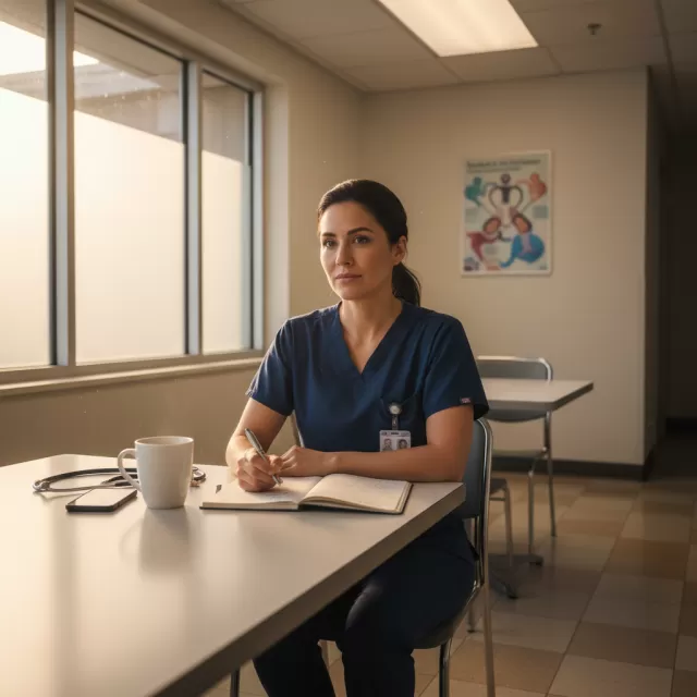 Healthcare worker reflecting in break room with journal during mid-year career check-in